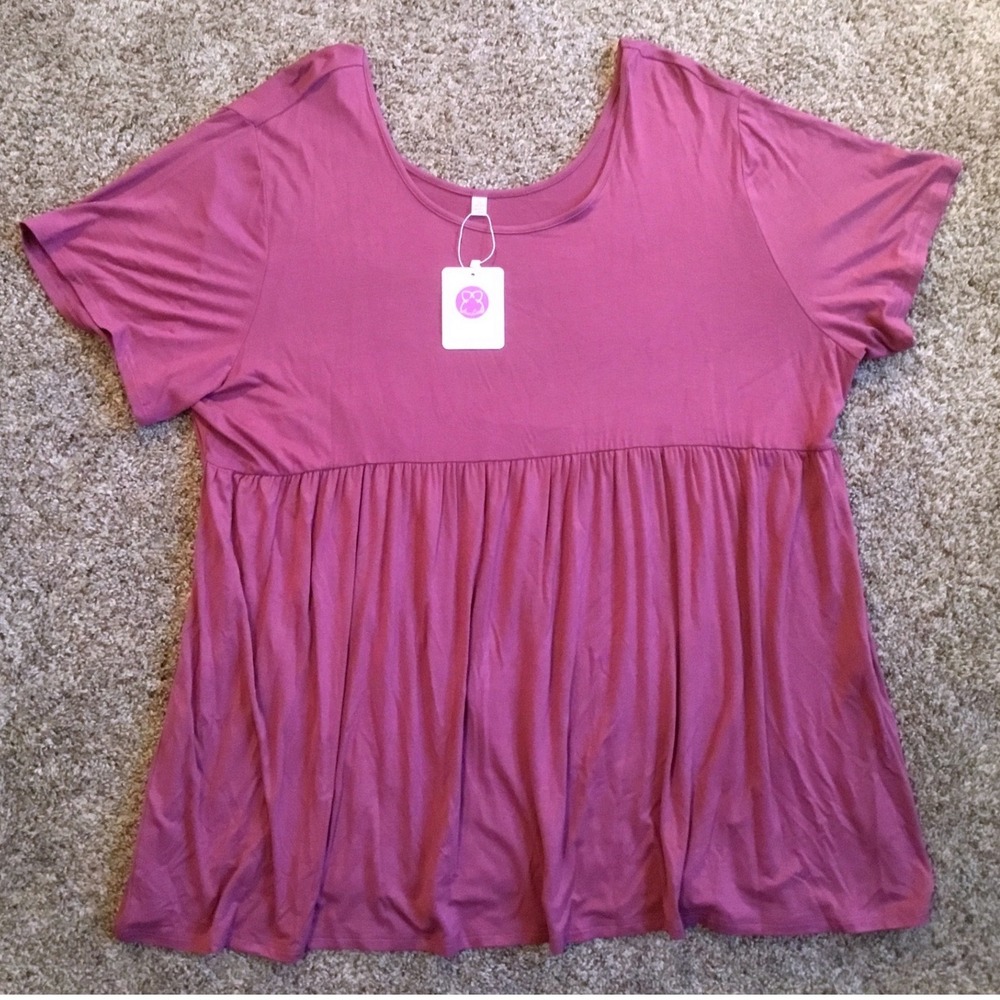 Women 5X Plus Size Babydoll Peplum Top Short Sleeve Spring Berry Pink Scoop Neck